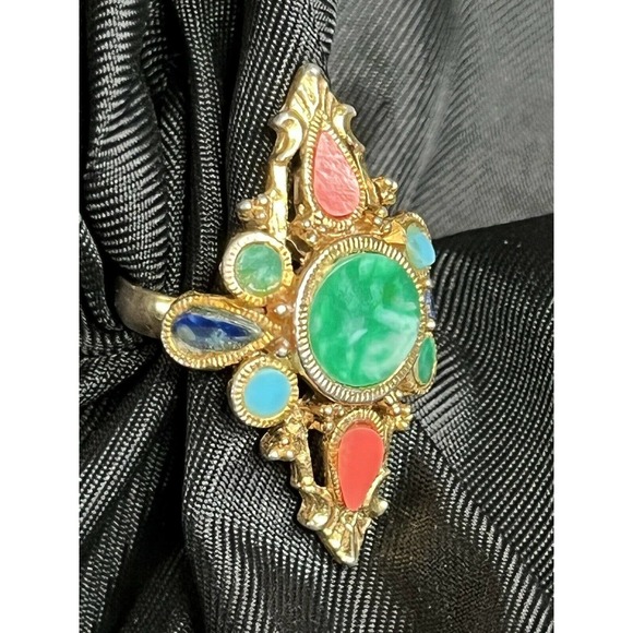 Vintage Mode Art Adjustable Ring Multi Gem Gold Tone Victorian Revival Style - Picture 8 of 12